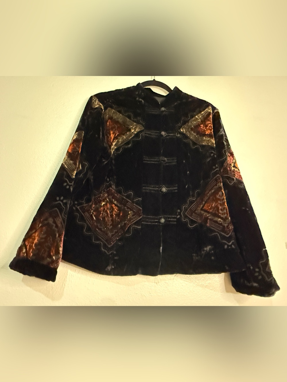 Coldwater Creek Black Velvet Teddy Jacket with Rust Accents. Sz S.